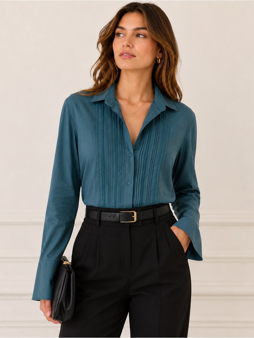 Serpil Istanbul Teal Pintuck Tuxedo Blouse - Size 1 (US Small) Turkish Cotton